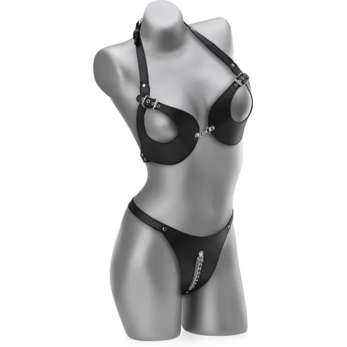 SET PIELE BDSM SUTIEN CU PIEPT DESCHIS + CUREA CU LANŢ - 78728583